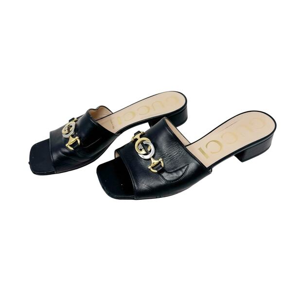Gucci Zumi Black Leather GG Logo Slide Sandals Low Heel Mules Made Italy EU 38 - Picture 4 of 10